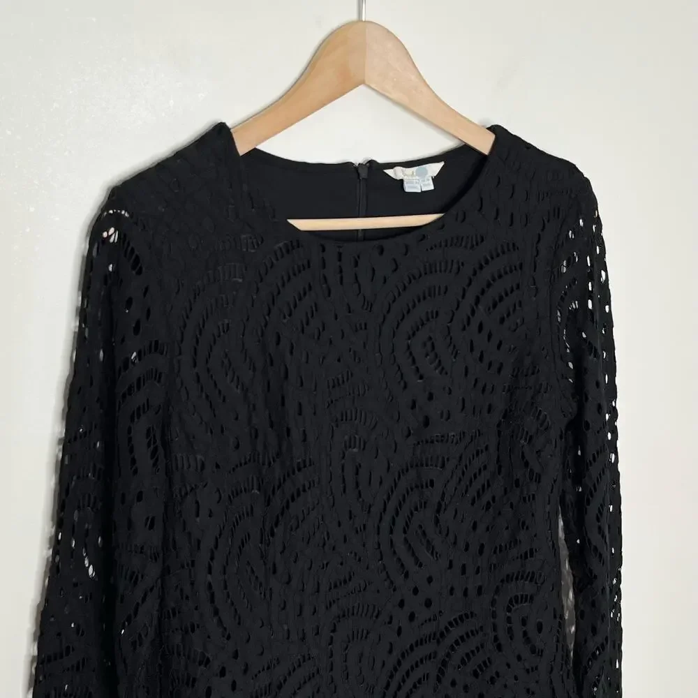 Boden Zeta Lace Top Size 6 Black Long Sleeve Lined Openwork Blouse